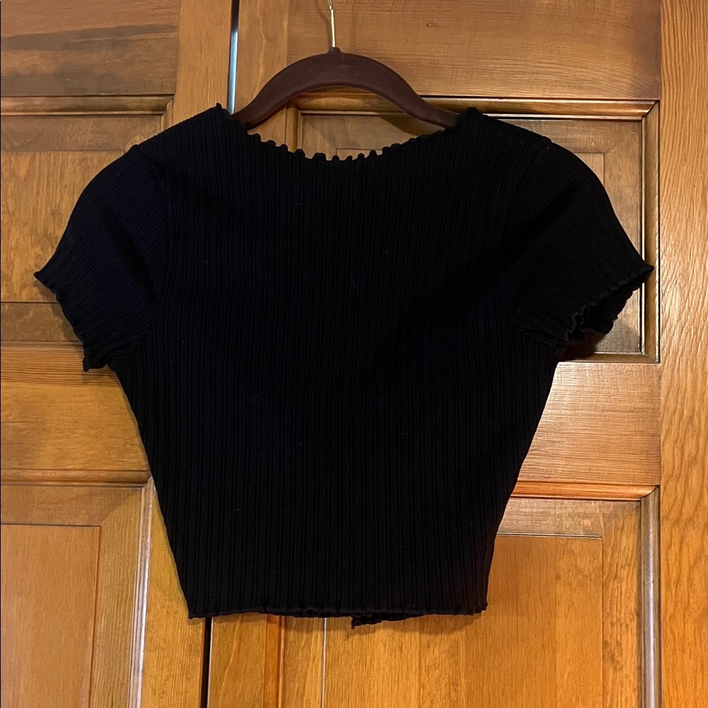 Black Ribbed Button-Up Women's Top - Picture 2 of 2